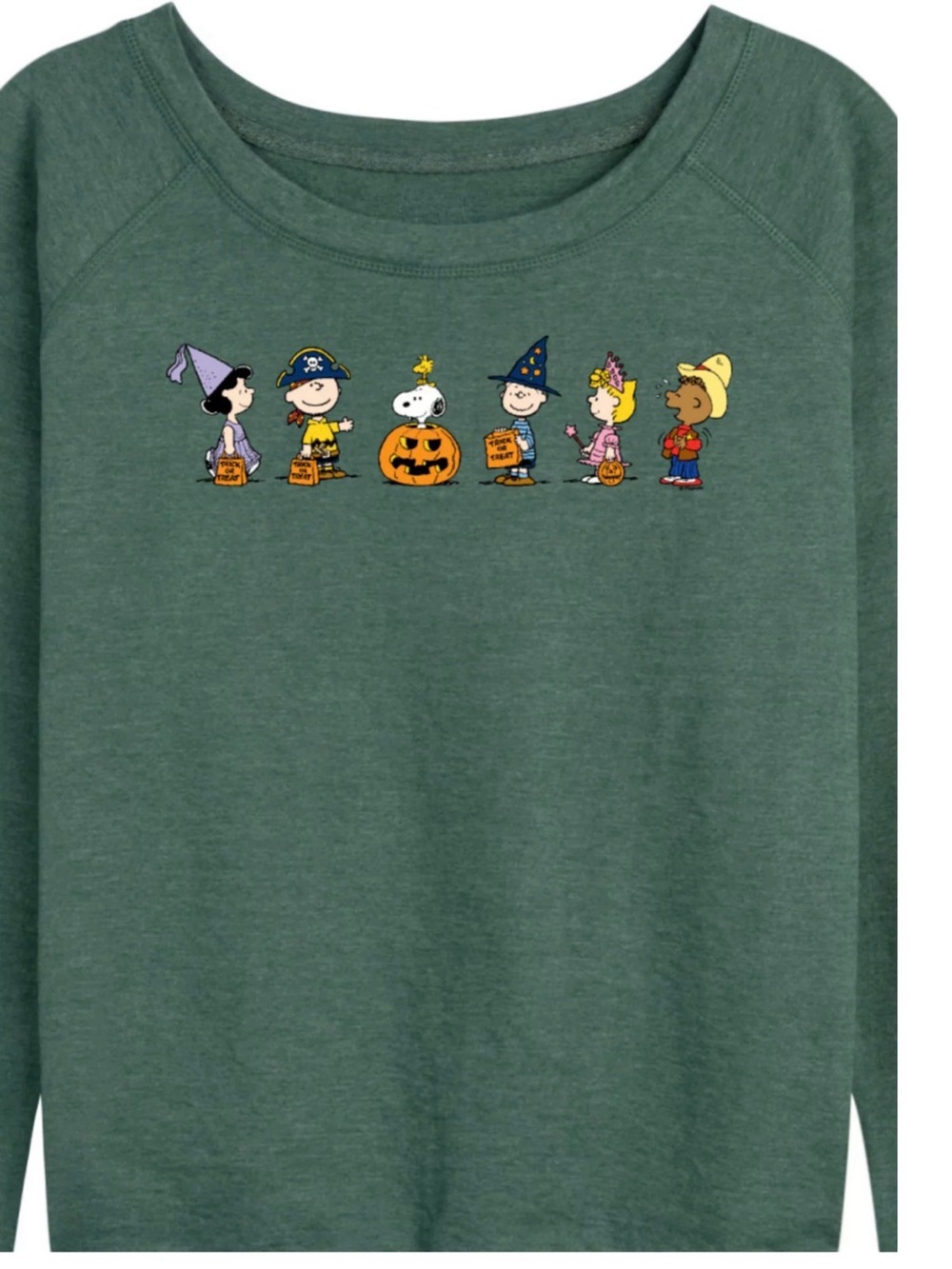 Women's Peanuts Group Trick Or Treat French Terry Long Sleeve Tee Heather Green
